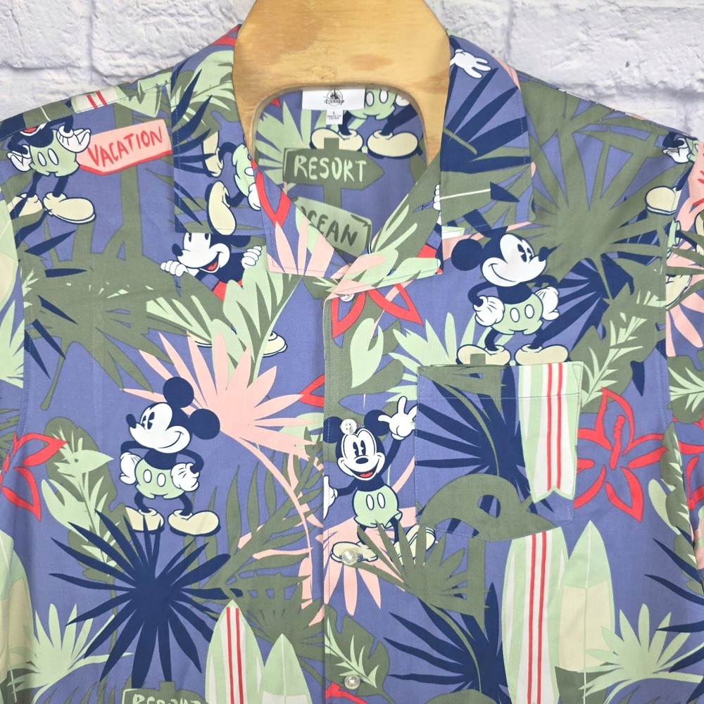 Disney Parks Men Mickey Mouse Tropical Hawaiian Shirt Blue Resort Vacation Large